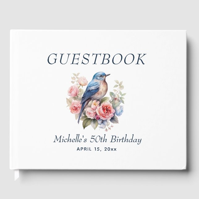 Blue Bird Pink Floral 50th Birthday  Guest Book (Front)