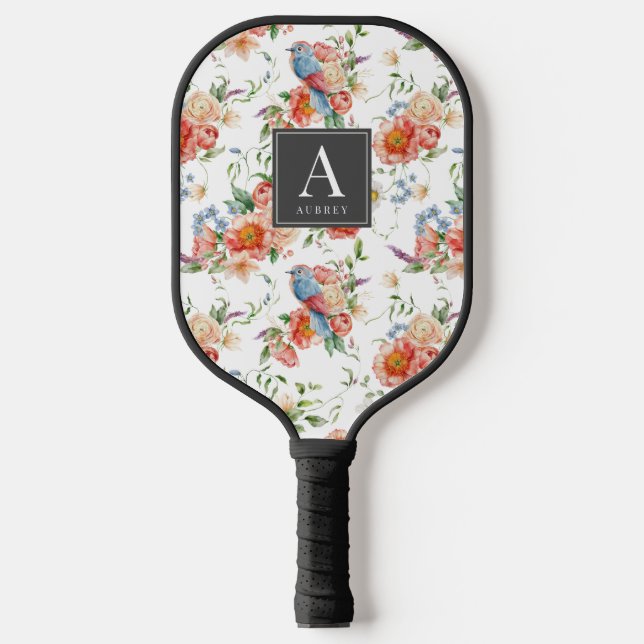 Blue Bird & Pink Floral Pattern Pickleball Paddle (Front)