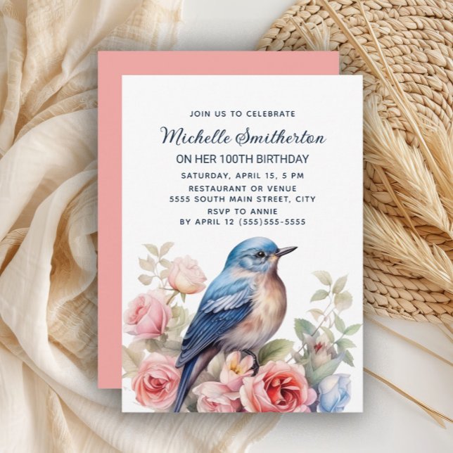 Blue Bird Pink Flowers 100th Birthday Invitation (Blue bird and pink floral 100th birthday party invitation)