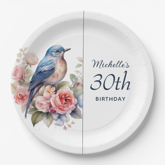Blue Bird Pink Flowers 30th Birthday Paper Plate (Front)