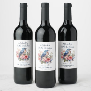 Blue Bird Pink Flowers 60th Birthday Wine Label