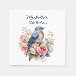 Blue Bird Pink Flowers 75th Birthday Napkin