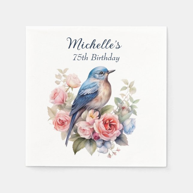 Blue Bird Pink Flowers 75th Birthday Napkin (Front)