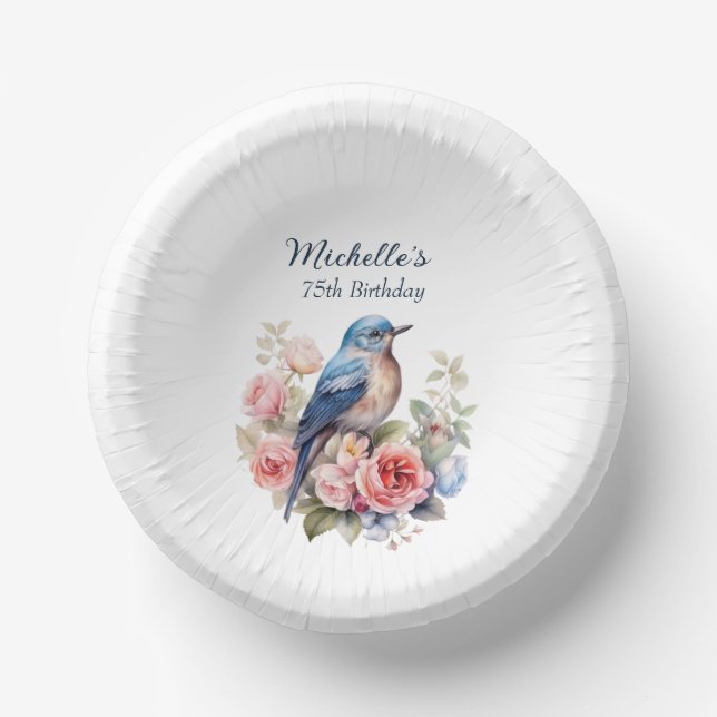 Blue Bird Pink Flowers 75th Birthday Paper Plate (Front)
