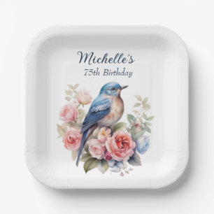Blue Bird Pink Flowers 75th Birthday Paper Plate