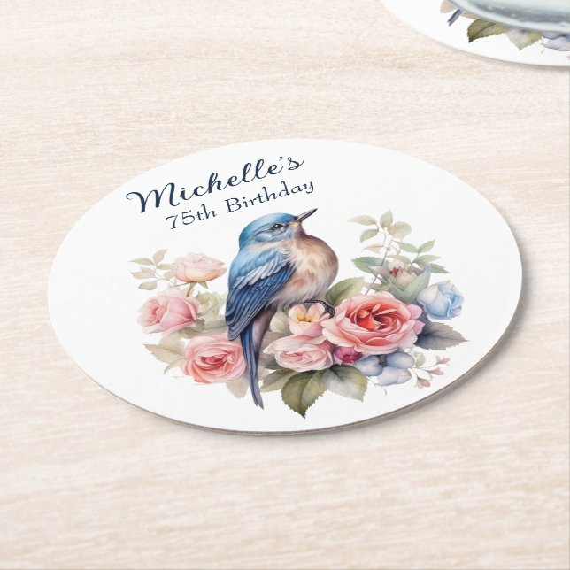 Blue Bird Pink Flowers 75th Birthday Round Paper Coaster (Angled)