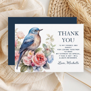 Blue Bird Pink Flowers Birthday Thank You Card