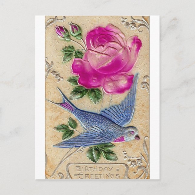 Blue Bird Pink Rose Postcard (Front)