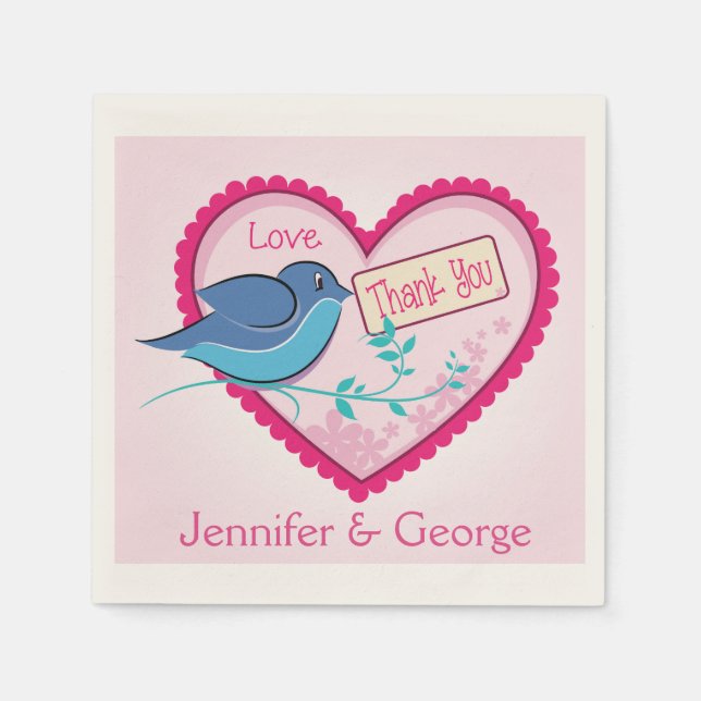 Blue Bird Pink Thank You Floral Heart Napkins (Front)