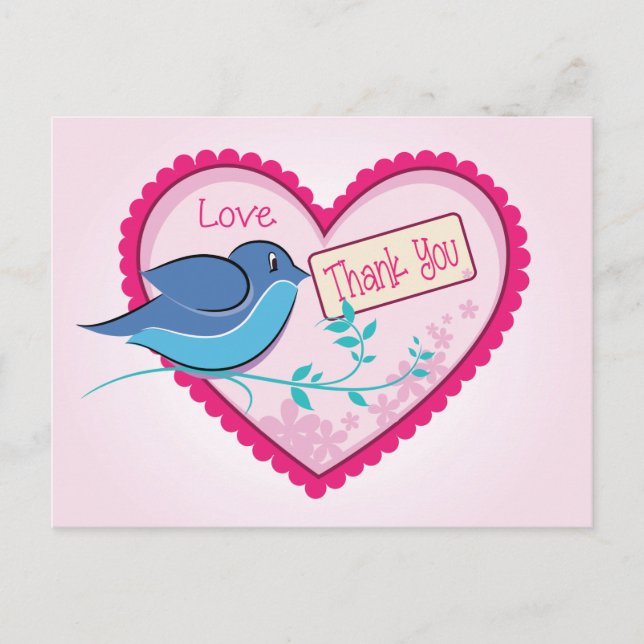 Blue Bird Pink Thank You Floral Heart Postcard (Front)