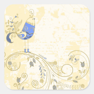 Blue Bird Retro Floral Fine Art Square Sticker