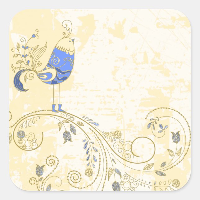 Blue Bird Retro Floral Fine Art Square Sticker (Front)