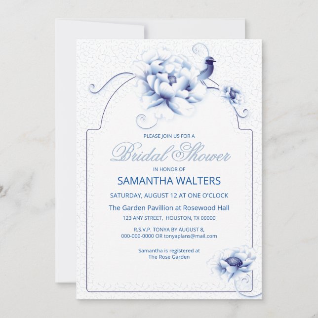 Blue Bird Rose Chinoiserie Floral | Bridal Shower Invitation (Front)