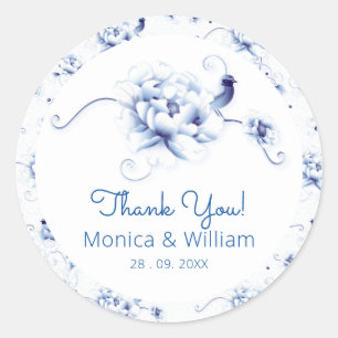 Blue Bird Rose Chinoiserie Floral Classic Round Sticker