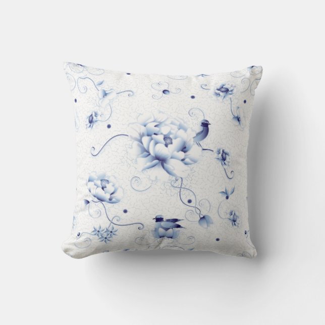 Blue Bird Rose Chinoiserie Floral Cushion (Front)