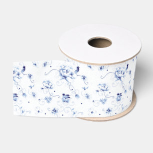 Blue Bird Rose Chinoiserie Floral Grosgrain Ribbon