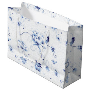 Blue Bird Rose Chinoiserie Floral Large Gift Bag