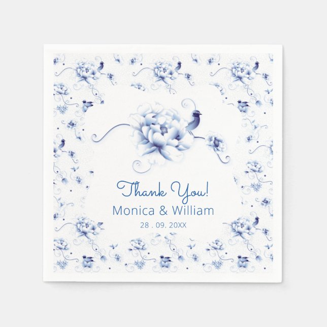 Blue Bird Rose Chinoiserie Floral Napkin (Front)