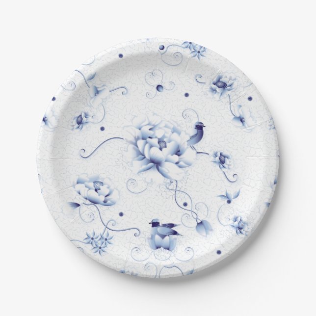 Blue Bird Rose Chinoiserie Floral Paper Plate (Front)