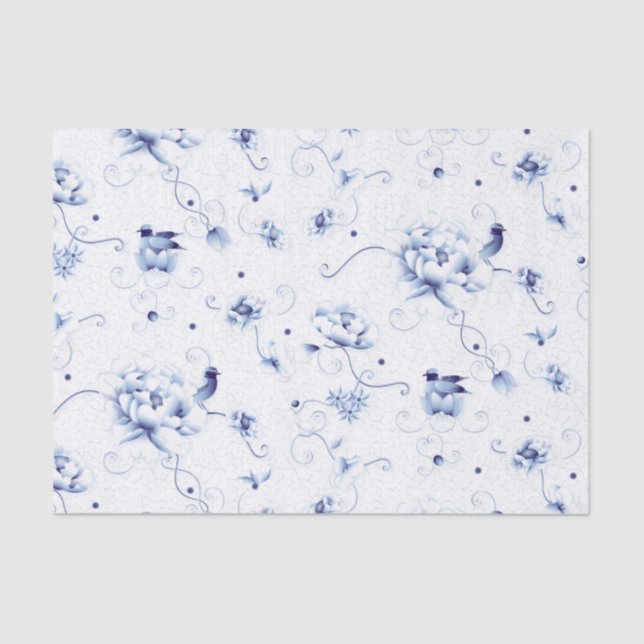 Blue Bird Rose Chinoiserie Floral Tissue Paper (Front)