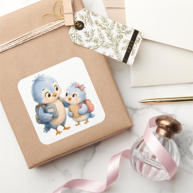 Blue Bird Siblings Cute Square Sticker (Gifting)