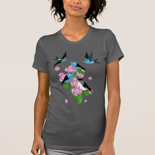 Blue bird, spring folk flowers, front and back T-Shirt (Front)