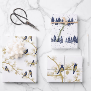 Blue Bird Winter Gold Pattern Wrapping Paper Sheet