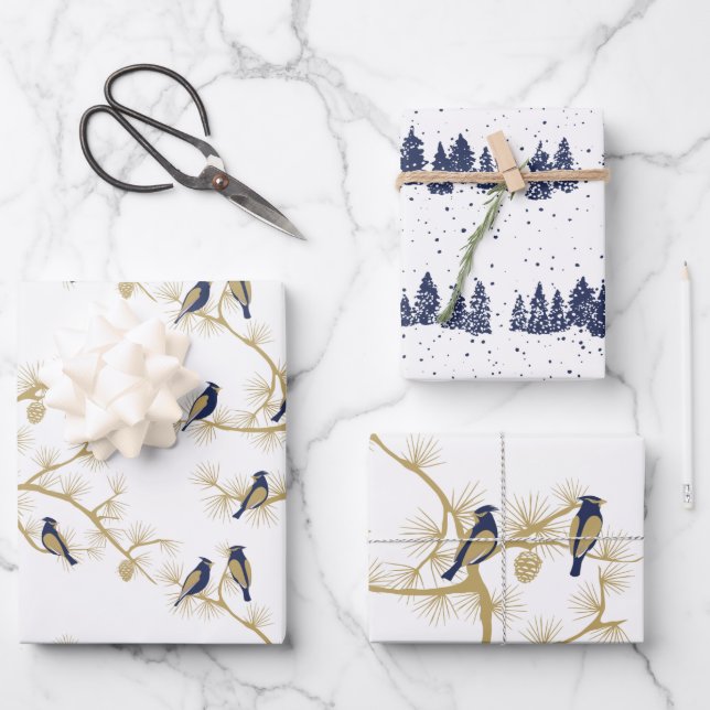 Blue Bird Winter Gold Pattern Wrapping Paper Sheet (Front)