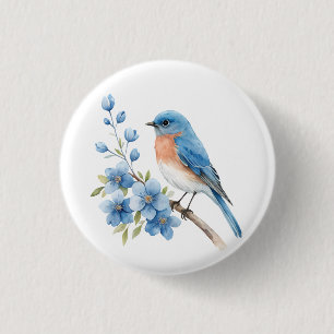 Blue bird with blue flowers 3 cm round badge