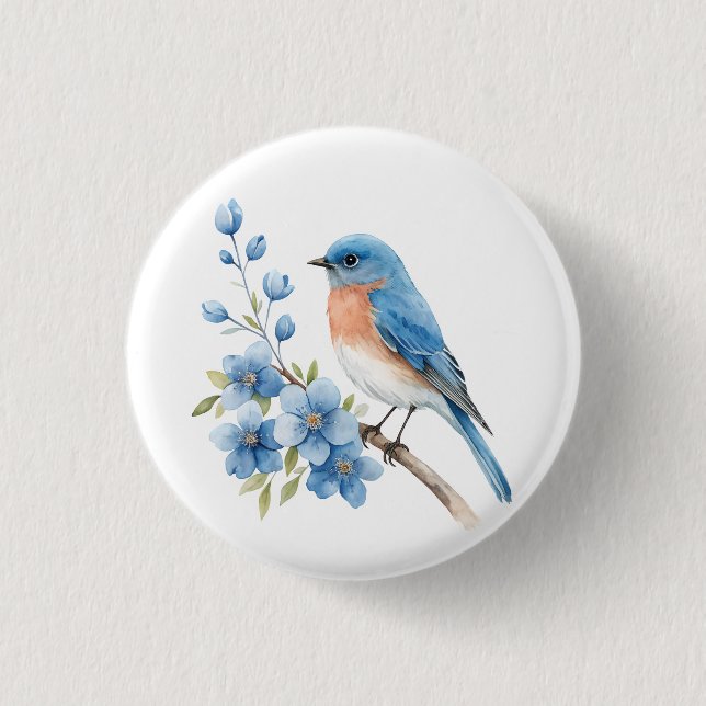 Blue bird with blue flowers 3 cm round badge (Front)