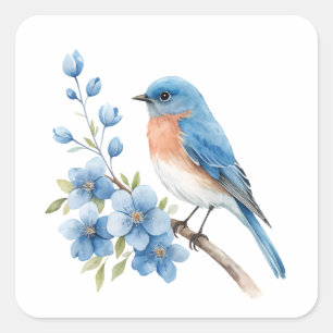 Blue bird with blue flowers square sticker