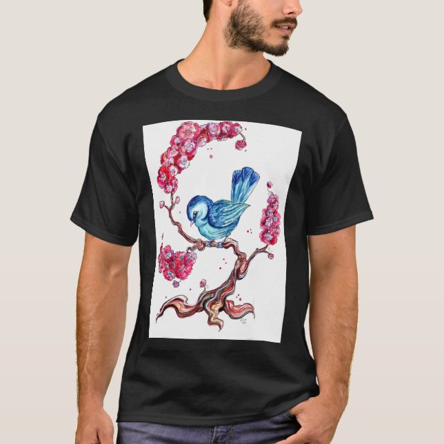Blue Bird With Cherry Blossoms T-Shirt (Front)