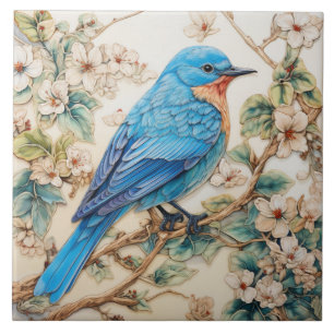 Blue Bird with Cream Blossoms Tile
