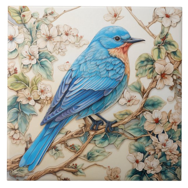 Blue Bird with Cream Blossoms Tile (Front)