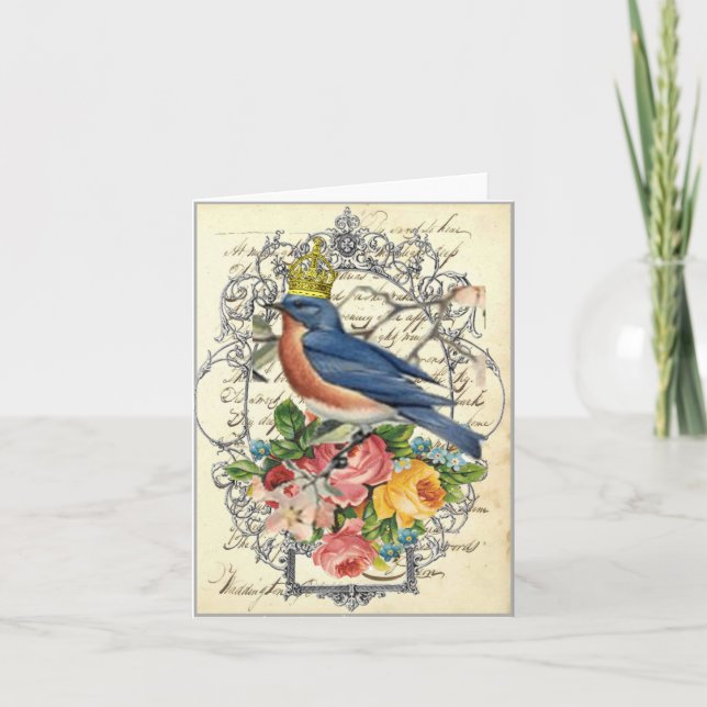 Blue Bird with Crown and Flowers Note Card (Front)