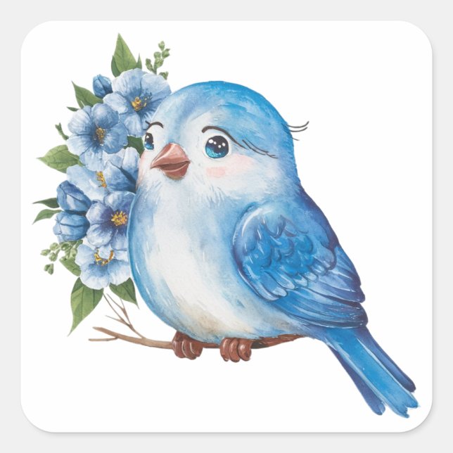 Blue Bird with Flowers Square Sticker (Front)