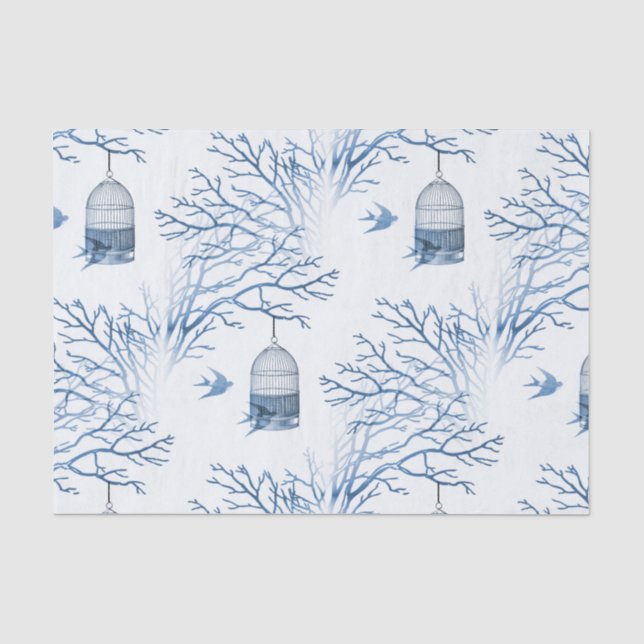 Blue Birdcage Bare Branches Tissue Paper (Front)