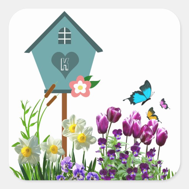 Blue Birdhouse in Butterfly Flower Garden Square Sticker (Front)