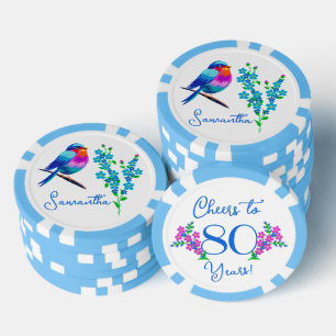 Blue Birdie Forget Me Not Flowers 80th Birthday Poker Chips