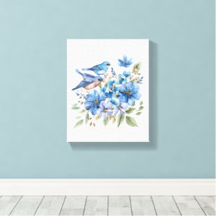 Blue Birds and Blue Watercolor Florals Botanicals Canvas Print