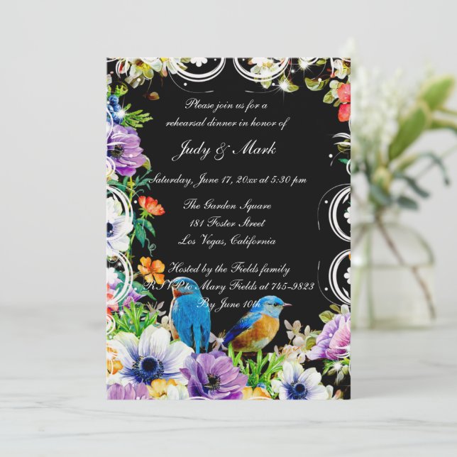 Blue Birds And Botanical Floral Rehearsal Dinner Invitation (Standing Front)