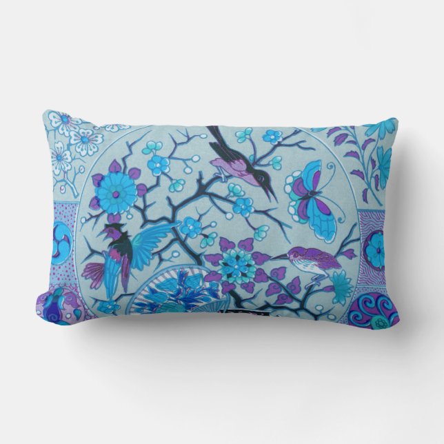 Blue Birds and Butterflies Blue Lumbar Pillow (Front)