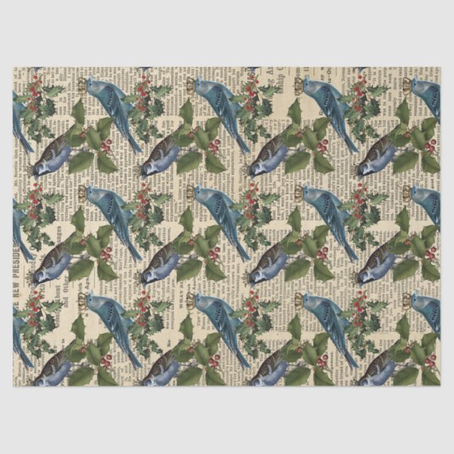 Blue Birds and Christmas Holly Berries Decoupage Tissue Paper (Front)