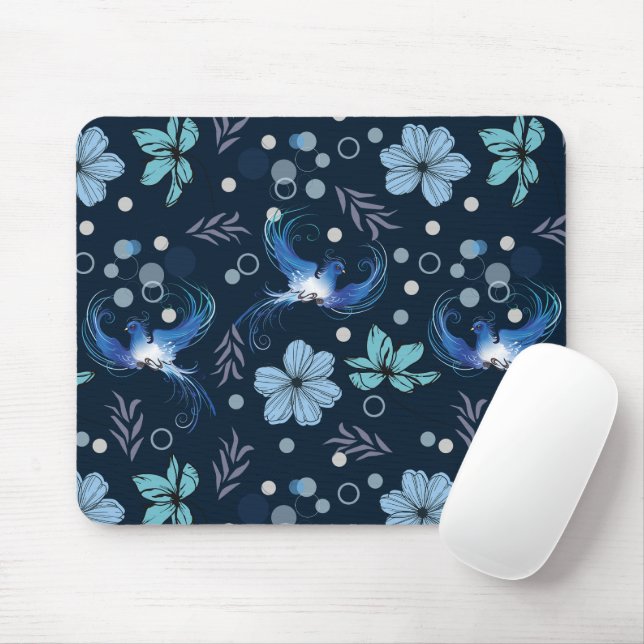 Blue Birds and Floral Harmony Seamless Pattern Mouse Mat (With Mouse)