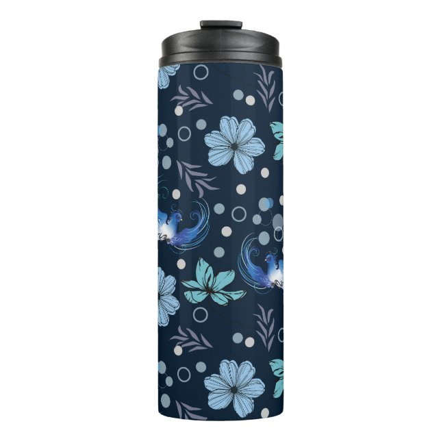 Blue Birds and Floral Harmony Seamless Pattern Thermal Tumbler (Front)
