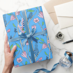 Blue Birds and Pink Flowers Wrapping Paper