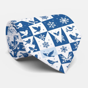 Blue Birds and Snowflakes Christmas Winter Pattern Tie