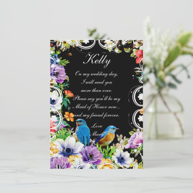 Blue Birds & Botanical Floral  Maid Of Honour  Invitation (Standing Front)