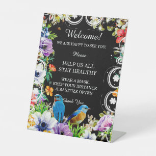 Blue Birds & Botanical Floral Safety Measures  Pedestal Sign