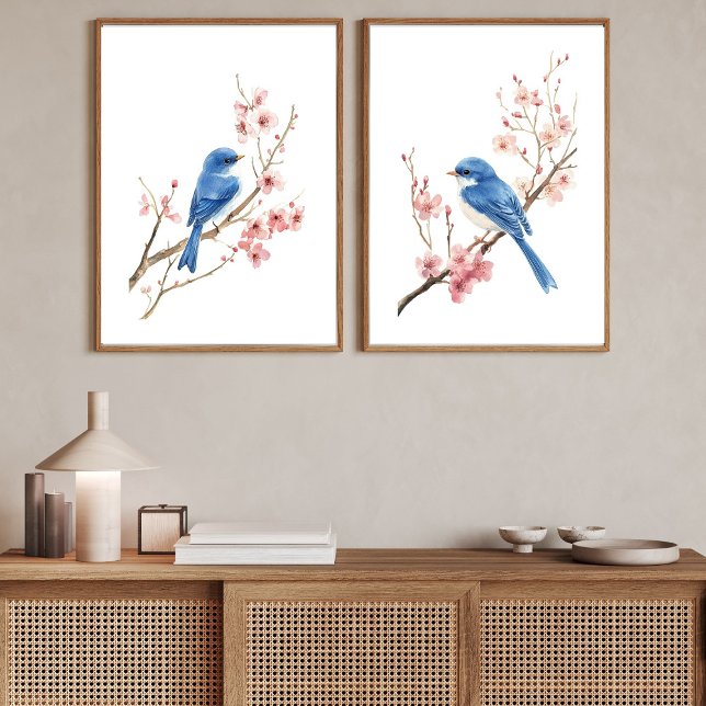 Blue Birds Cherry Blossoms Watercolor Wall Art (Blue Birds and Cherry blossoms Set of two poster prints wall art. Can be framed. )